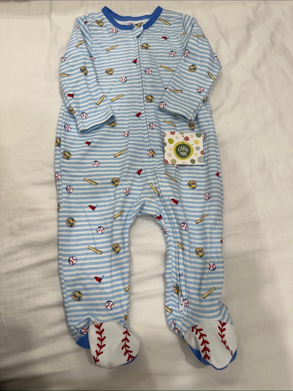 NWT Little Me Blue Striped Baseball-Print Footed One-Piece